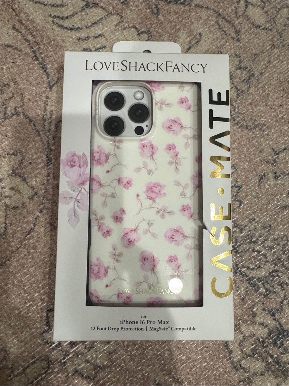 LoveShackFancy White Case with Pink Rose Print for iPhone 16 Pro Max